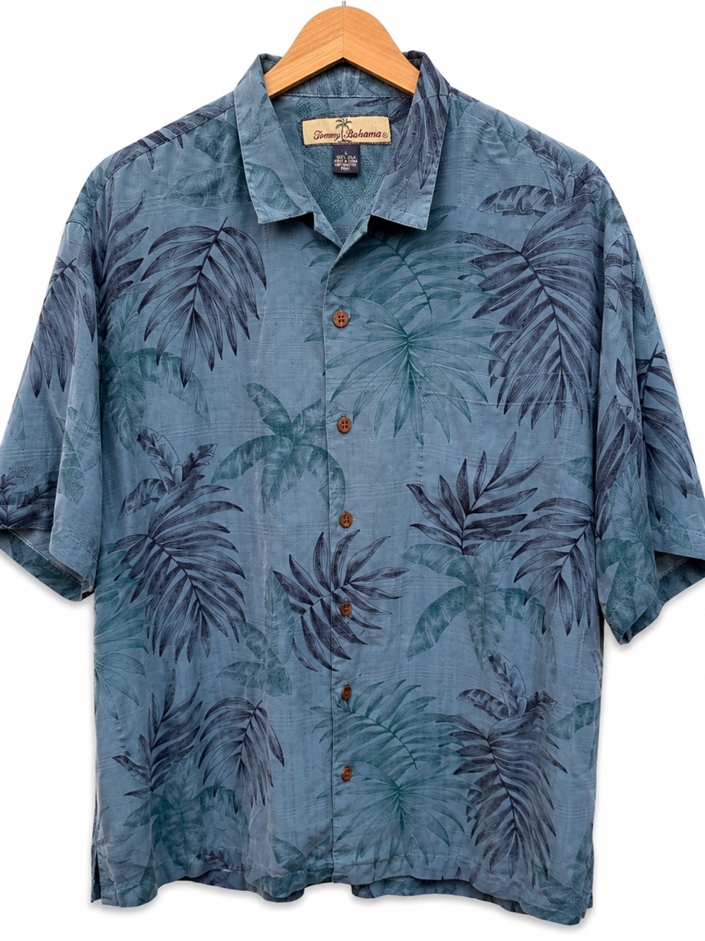 Tommy Bahama Mens Large 100% Silk Blue Palm Leaf Print Camp Shirt RN 86549 - Picture 1 of 10